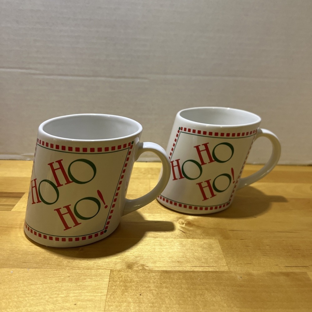 Pair Vintage Slant Mugs By Papel Ho Ho Ho Xmas Mugs